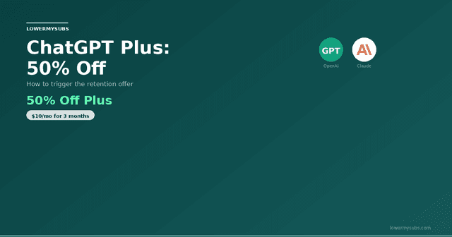 ChatGPT Plus logo with 50% off retention offer — AI subscription optimization guide