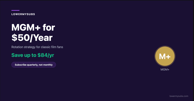MGM+ pricing comparison chart showing monthly costs, annual savings, and content library value in 2026