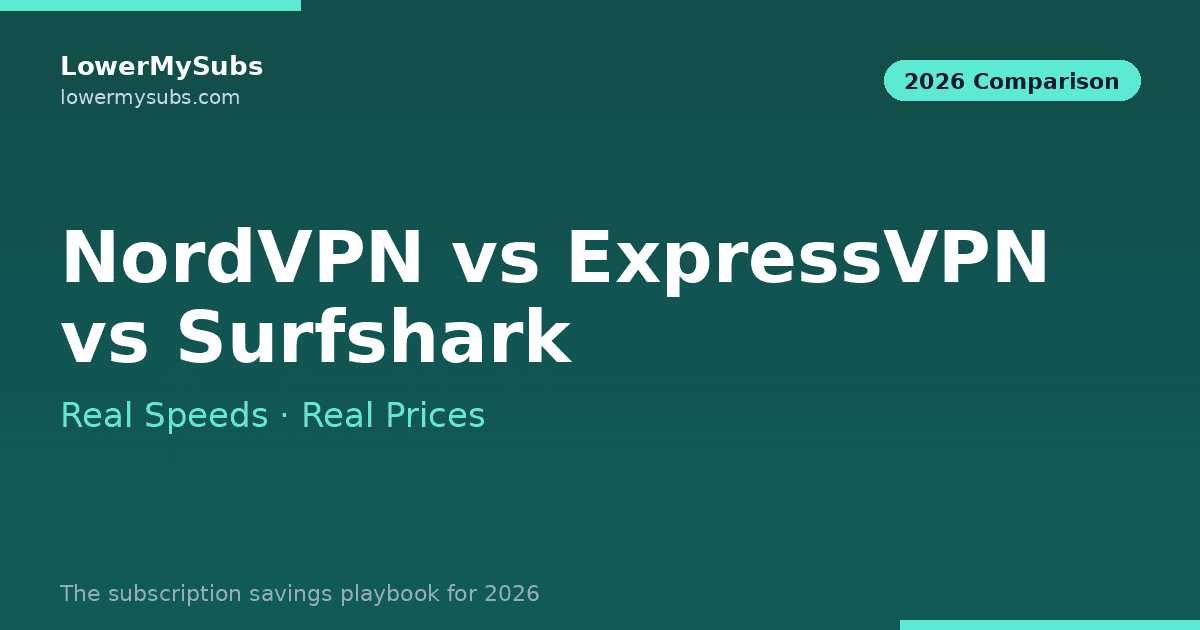 NordVPN, ExpressVPN, and Surfshark logos compared — best VPN in 2026