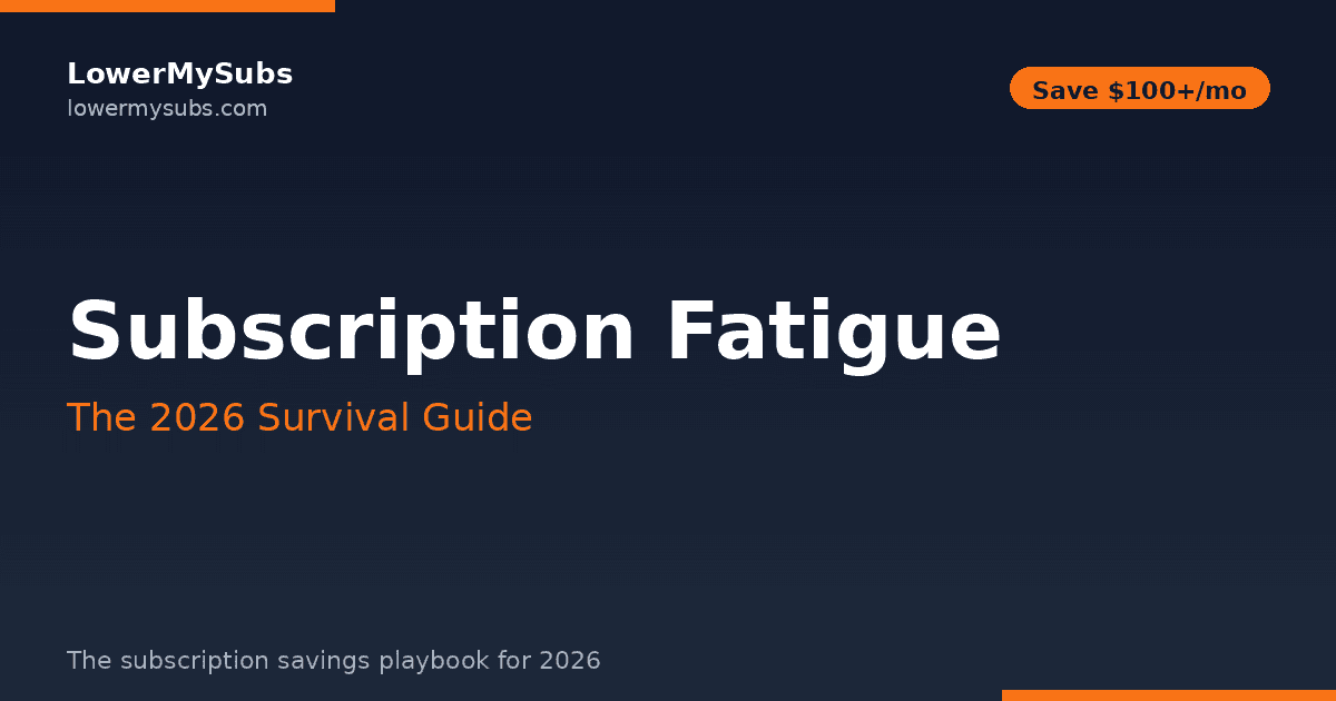 Overwhelmed person surrounded by subscription logos — subscription fatigue 2026 survival guide